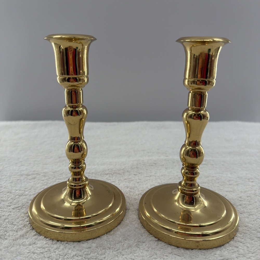 Pair Partylite Solid Brass Colonial Style Candlestick Holders 6" Classic